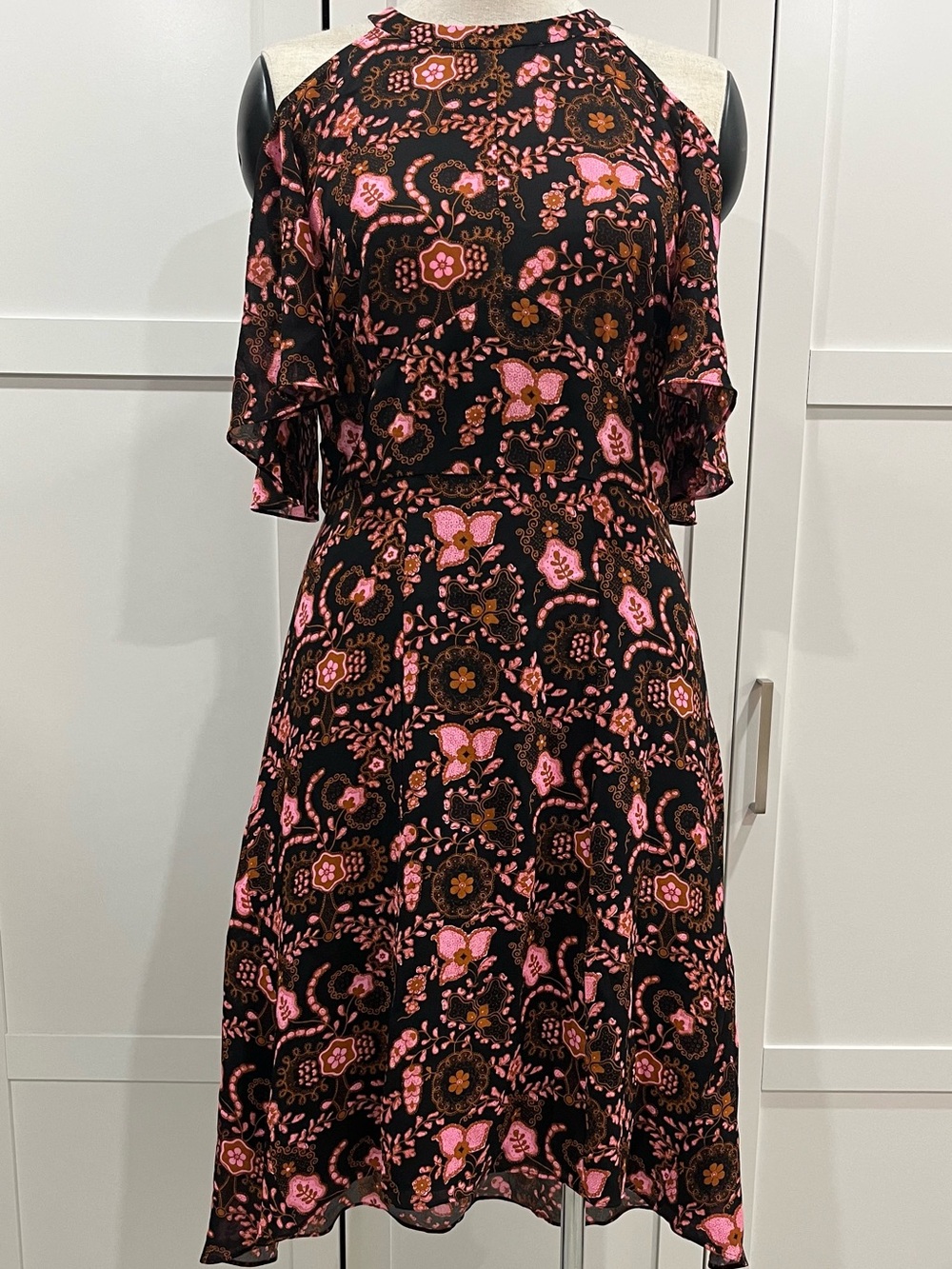 A.L.C. Black Midi Dress with Pink and Brown Floral Print
